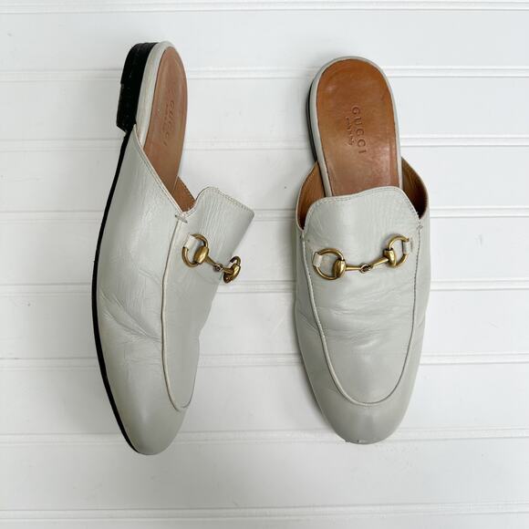 Gucci Princetown Loafer Mules Gray Bone Leather Flats Gold Horsebit Buckle 37.5 - Picture 2 of 8